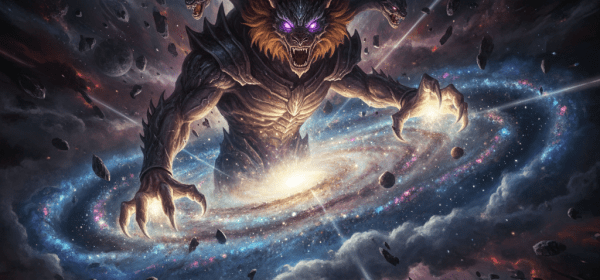 Multi-headed monstrous creature with glowing purple eyes towering over a spiral galaxy in space.