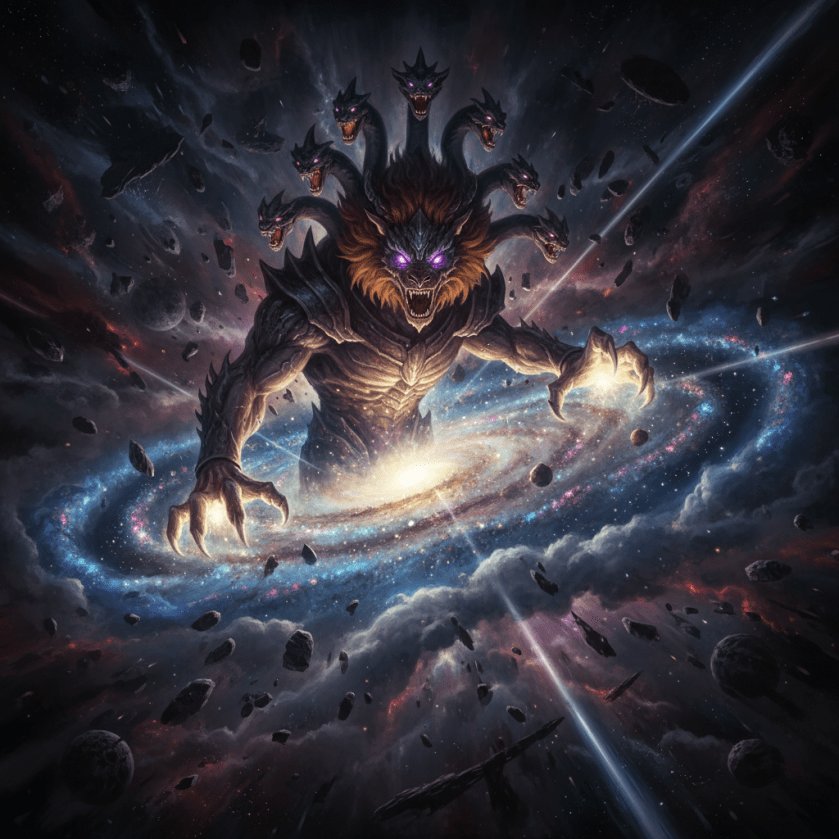 Multi-headed monstrous creature with glowing purple eyes towering over a spiral galaxy in space.