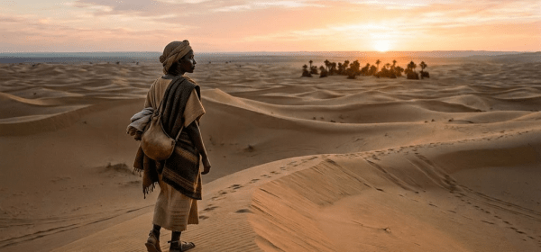Person standing on sand dune looking at distant palm trees in desert at sunset