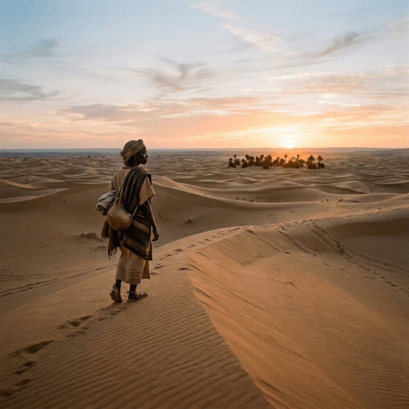 Person standing on sand dune looking at distant palm trees in desert at sunset