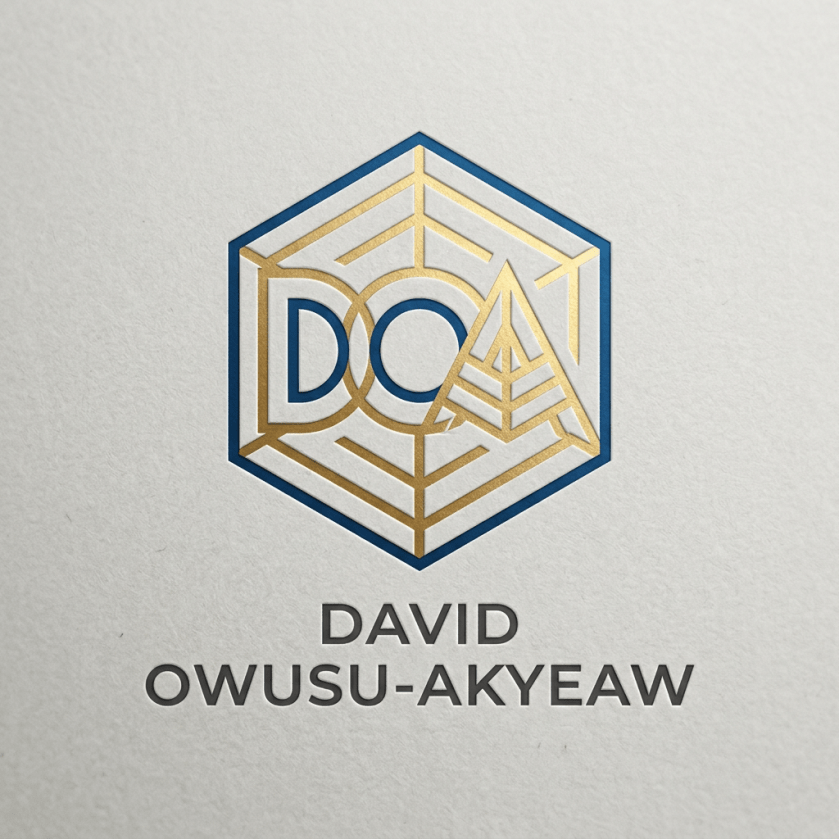 Hexagonal logo with the letters DOA and an abstract design above the name David Owusu-Akyeaw