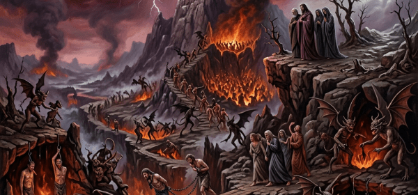 Tormented souls walking through a fiery hellscape guarded by demons under a blood-red sky with lightning and a crescent moon.
