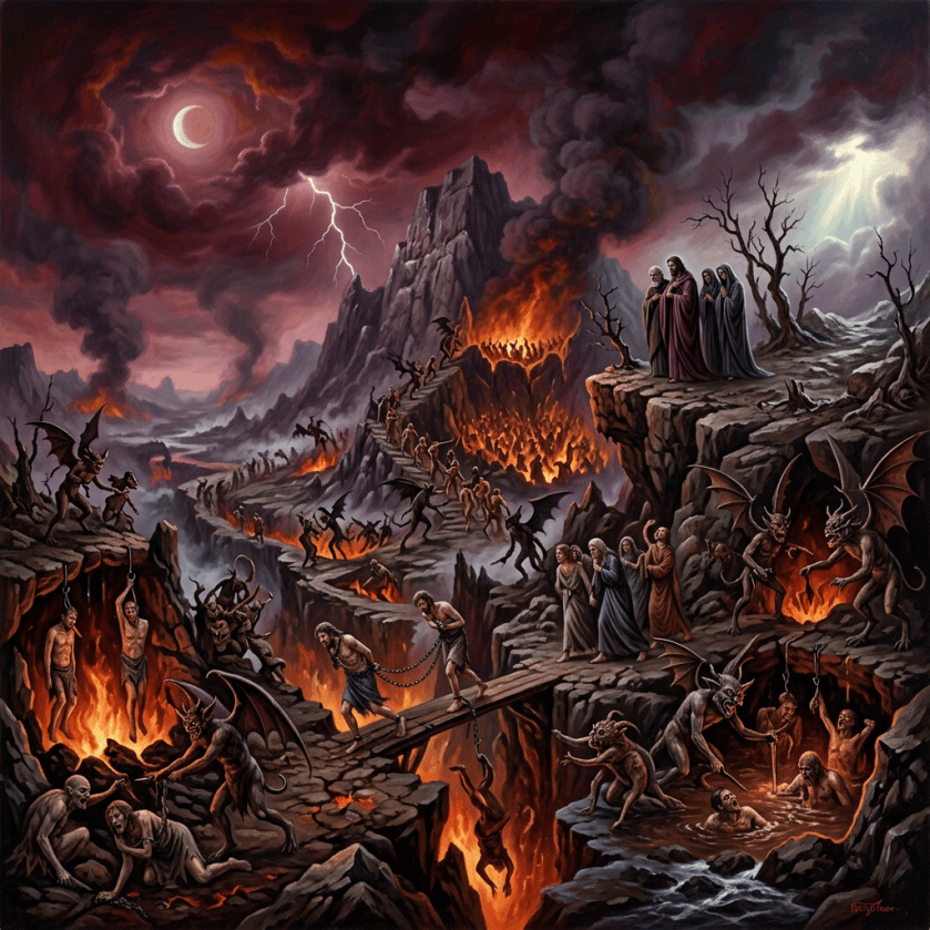 Tormented souls walking through a fiery hellscape guarded by demons under a blood-red sky with lightning and a crescent moon.