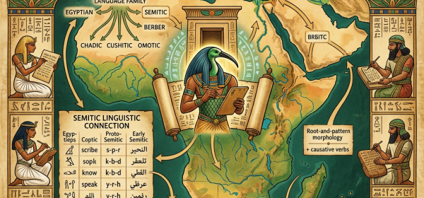 Map showing Afroasiatic language family branches with Egyptian deity Tehuti in center and examples of Semitic linguistic connections