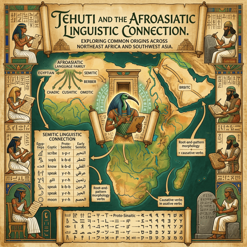 Map showing Afroasiatic language family branches with Egyptian deity Tehuti in center and examples of Semitic linguistic connections
