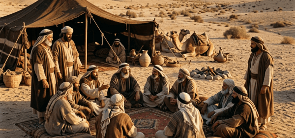 Men in traditional robes sitting and standing around a tent in a desert, with camels nearby