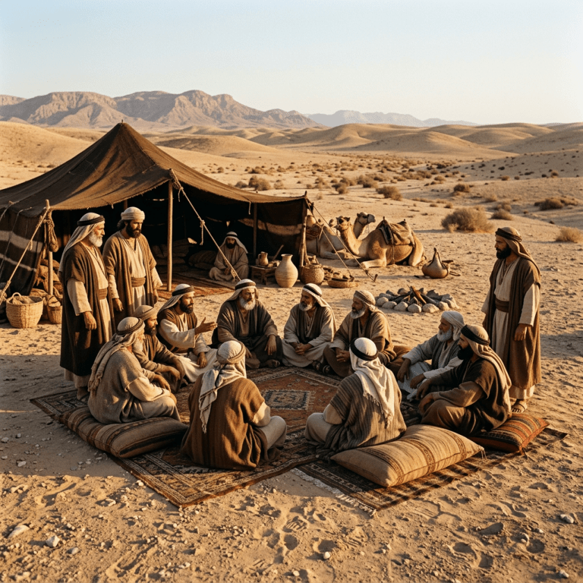 Men in traditional robes sitting and standing around a tent in a desert, with camels nearby