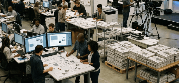 Busy newsroom with editors, computers, newspapers, and video cameras
