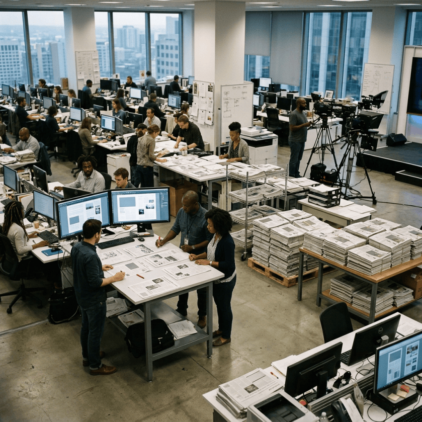 Busy newsroom with editors, computers, newspapers, and video cameras